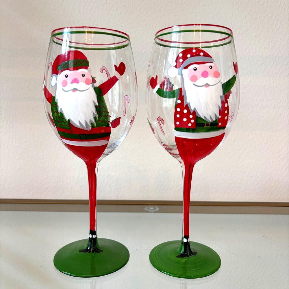 Neiman Marcus Hand-Painted Santa Christmas Wine Glasses Set of 2 New